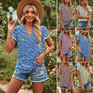 Women's V-Neck Floral Print Chiffon Blouse Petal Sleeve Lace Trim Casual Loose Summer T-Shirt Elegant Commuter Tops for Ladies