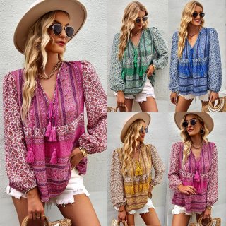 Women's Bohemian Floral Print Blouse V Neck Long Sleeve Tassel Tie Top Casual Loose Polyester Shirt for Summer Holiday Beach Vacation