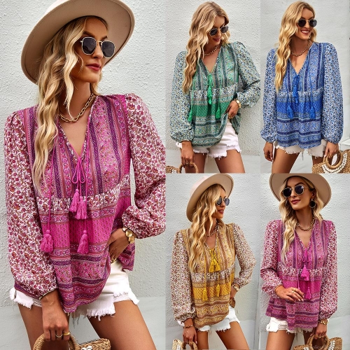 Women's Bohemian Floral Print Blouse V Neck Long Sleeve Tassel Tie Top Casual Loose Polyester Shirt for Summer Holiday Beach Vacation