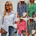 Women's Casual Paisley Print Polyester Long Sleeve Button Down Shirt Loose Fit Lapel Blouse Commuter Tops