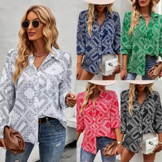 Women's Casual Paisley Print Polyester Long Sleeve Button Down Shirt Loose Fit Lapel Blouse Commuter Tops