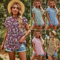Women's Floral Print Round Neck Ruffle Sleeve Blouse Casual Lightweight Tiered Hem Summer Peplum Tops For Vacation