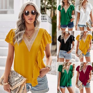 Women's Elegant V-Neck Ruffle Short Sleeve Blouse Casual Solid Color Lightweight Polyester Tops Summer Commuting Stylish Shirt For Women Ladies