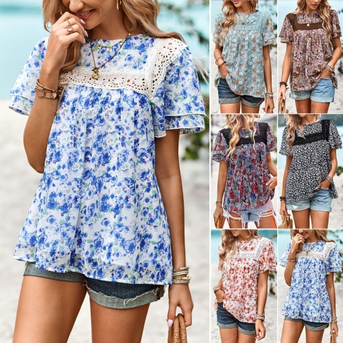 Women's Casual Floral Print Viscose Blouse With Lace Patchwork Ruffle Short Sleeve Round Neck Boho Beach Vacation Tops For Ladies