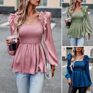Women's Smocked Peplum Blouse Satin Look Square Neck Puff Long Sleeve Ruffle Trim Shirred Top Solid Color Elegant Casual Shirt For Ladies