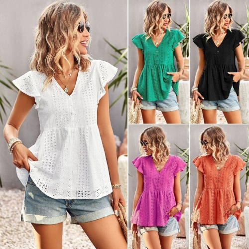 Women's Summer V-Neck Short Sleeve Blouse Polyester Cotton Blend Hollow Out Eyelet Embroidery Button Down Peplum Top For Beach Holiday Casual Boho Chic Shirts