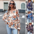 Women's Elegant Floral Print Chiffon Blouse V Neck Button Down Long Sleeve Shirt Ruffle Cuff Loose Casual Office Work Tops
