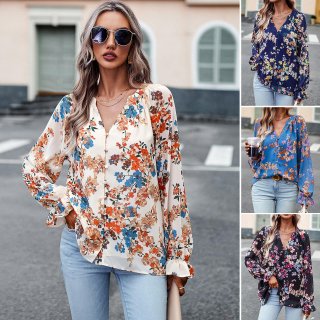 Women's Elegant Floral Print Chiffon Blouse V Neck Button Down Long Sleeve Shirt Ruffle Cuff Loose Casual Office Work Tops