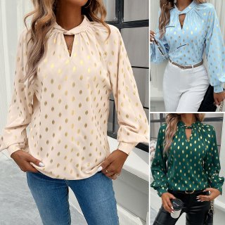 Women Elegant Gold Foil Polka Dot Blouse Lantern Long Sleeve Hollow Out V-Neck Pullover Blouse For Autumn Winter Commuter Ladies Tops