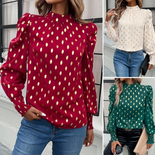 Women Elegant Polyester Gold Foil Polka Dot Blouse High Neck Lantern Sleeve Smocked Cuffs Shirt For Office Commute Party Casual Chic Top