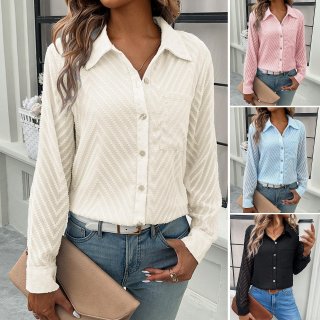 Women's Elegant Polyester Spandex Jacquard Wave Texture Long Sleeve Button Down Shirt With Pocket Solid Color Commuter Blouse Top For Office Lady