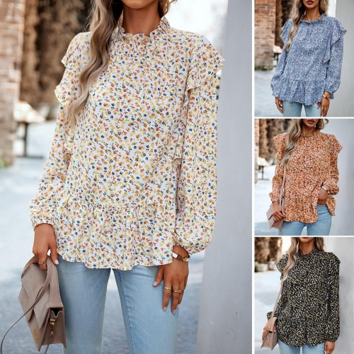 Women Floral Blouse Polyester Long Sleeve Shirt High Neck Ruffle Detail Peplum Hem Elegant Commute Daily Fashion Top For Lady