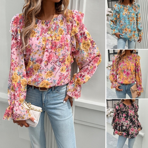 Women's Floral Print Smocked Chiffon Blouse Elegant Long Ruffle Sleeve Round Neck Pullover Shirt Casual Office Daily Wear Top