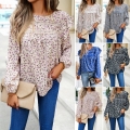 Women's Floral Print Long Sleeve Chiffon Blouse With Lace Patchwork Ruffle Trim Round Neck Loose Casual T-Shirt Tops For Autumn Women Clothing