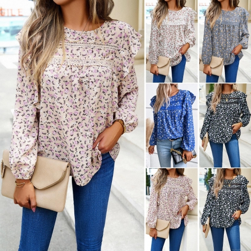 Women's Floral Print Long Sleeve Chiffon Blouse With Lace Patchwork Ruffle Trim Round Neck Loose Casual T-Shirt Tops For Autumn Women Clothing