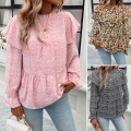 Women's Long Sleeve Chiffon Blouse Floral Leopard Print Ruffle Stand Collar Peplum Top Elegant Casual Office Shirt For Women