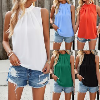 Women's Elegant Mock Neck Sleeveless Top Pleated Ruched Front 100% Polyester Solid Color Blouse For Summer Office Commute Casual