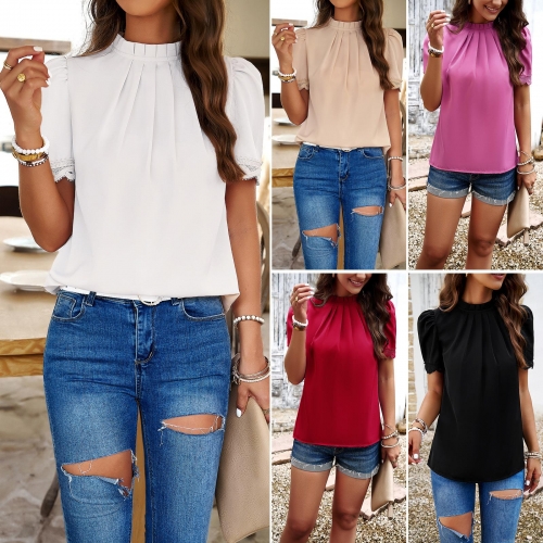 Women's Elegant Short Sleeve Mock Neck Blouse Solid Color Pleated Front Top With Lace Trim Puff Sleeves Casual Office Summer Shirt