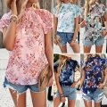 Women's Floral Print Chiffon Top Short Sleeve Ruffle Mock Neck Blouse Summer Casual Loose Pullover Lightweight Polyester Shirt For Women