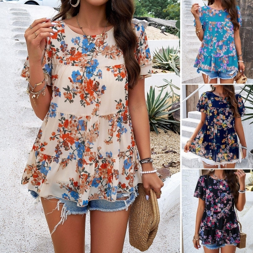 Women's Floral Print Polyester Chiffon Blouse Ruffle Short Sleeve Layered Peplum Top Summer Casual Crew Neck T-Shirt For Women Vacation Beach Wear
