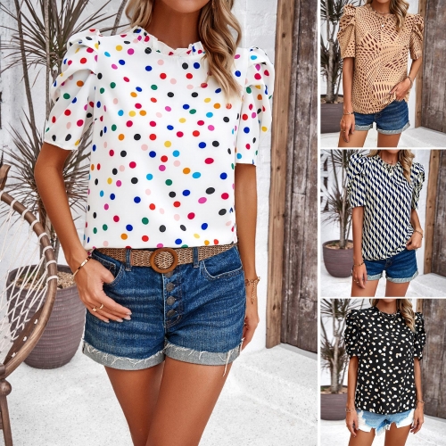 Women's Puff Sleeve Polka Dot Blouse 100% Polyester Frill Neck Short Sleeve Top For Summer Casual Commute Fashion Elegant Printed Shirt