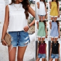 Women's Sleeveless Blouse Mock Neck Swiss Dot Lace Trim Summer Tank Top Casual Loose Shirt For Vacation Work Office Ladies 100% Polyester