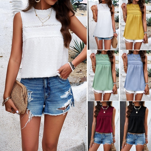 Women's Sleeveless Blouse Mock Neck Swiss Dot Lace Trim Summer Tank Top Casual Loose Shirt For Vacation Work Office Ladies 100% Polyester