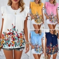 Women Floral Print Sleeveless Top Blouse Polyester Elastane Casual Summer Smocked Round Neck Ruffle Sleeve Loose Shirt For Women