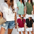 Women's Casual V Neck Short Sleeve Shirt Textured Swiss Dot Blouse With Pockets Button Down Summer Top Loose Fit Polyester Pullover For Daily Vacation Lady