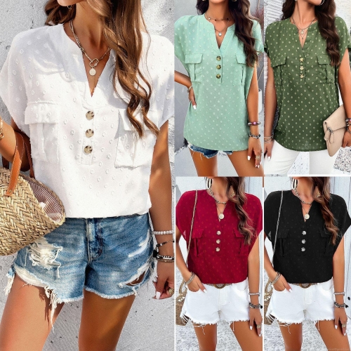 Women's Casual V Neck Short Sleeve Shirt Textured Swiss Dot Blouse With Pockets Button Down Summer Top Loose Fit Polyester Pullover For Daily Vacation Lady