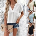 Women's Casual V Neck Swiss Dot Blouse Short Sleeve Pom Pom Shirt 100% Polyester Dobby Summer Loose Top With Back Buttons For Daily Beach Office