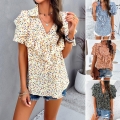 Women's Elegant Floral Print V Neck Ruffle Sleeve Blouse Top Summer Hibiscus Linen Casual Commuting Shirt Women Clothing
