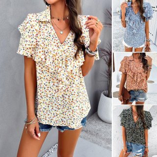 Women's Elegant Floral Print V Neck Ruffle Sleeve Blouse Top Summer Hibiscus Linen Casual Commuting Shirt Women Clothing