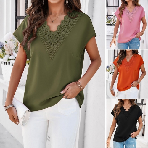 Women's V Neck Lace Patchwork Short Sleeve Blouse Casual Loose Solid Color Shirt Summer Tops Elegant Polyester Tee For Women