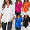 Women's Elegant V-Neck Tie-Waist Blouse Top Polyester Spandex Blend Bell Sleeve Solid Color Slim Fit Shirt for Office Daily Wear