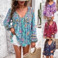 Women Bohemian V-Neck Tassel Tie Floral Print Blouse 100% Viscose Long Puff Sleeve Casual Vacation Ethnic Style Loose Top Shirt Ladies Spring Summer