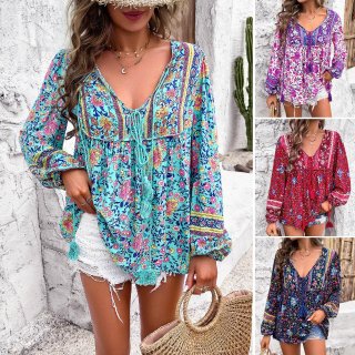 Women Bohemian V-Neck Tassel Tie Floral Print Blouse 100% Viscose Long Puff Sleeve Casual Vacation Ethnic Style Loose Top Shirt Ladies Spring Summer