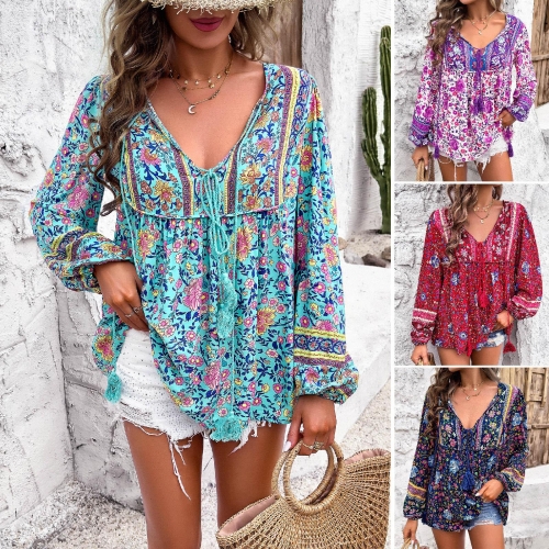 Women Bohemian V-Neck Tassel Tie Floral Print Blouse 100% Viscose Long Puff Sleeve Casual Vacation Ethnic Style Loose Top Shirt Ladies Spring Summer
