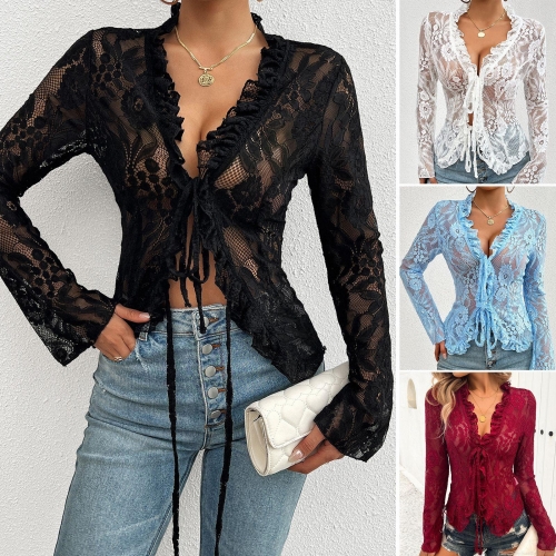 Women Sexy V-Neck Lace Flare Long Sleeve Tie Front Top Floral Ruffle Mesh Sheer Slim Fit Blouse For Spring Summer