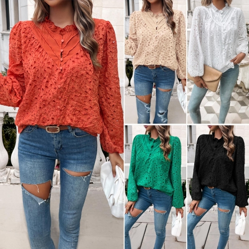 Women's Hollow Out Eyelet Embroidery Blouse Ruffle V Neck Long Puff Sleeve Button Down Casual Loose Shirt Top Elegant Cotton Blend Outerwear
