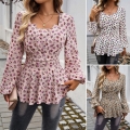 Women Sweet Floral Print Puff Long Sleeve Blouse Square Neck Peplum Hem Ruffle Waist Cinch Top 100% Polyester Elegant Mori Style Casual Shirts For Women Fall Autumn