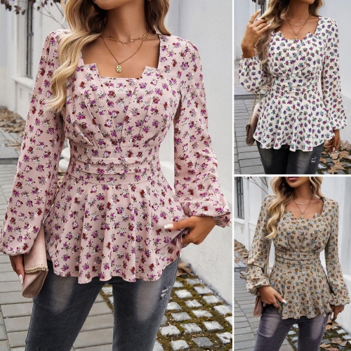 Women Sweet Floral Print Puff Long Sleeve Blouse Square Neck Peplum Hem Ruffle Waist Cinch Top 100% Polyester Elegant Mori Style Casual Shirts For Women Fall Autumn