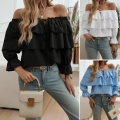 Women's Casual Off-Shoulder Blouse 100% Polyester Solid Color Ruffled Lantern Sleeve Drawstring Tops Autumn Winter Loose Fit Shirt