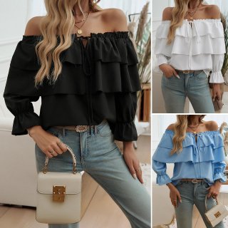 Women's Casual Off-Shoulder Blouse 100% Polyester Solid Color Ruffled Lantern Sleeve Drawstring Tops Autumn Winter Loose Fit Shirt