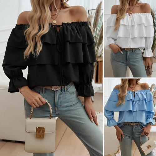 Women's Casual Off-Shoulder Blouse 100% Polyester Solid Color Ruffled Lantern Sleeve Drawstring Tops Autumn Winter Loose Fit Shirt