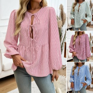 Women's Striped Lantern Sleeve Blouse Casual Loose Lace-Up V-Neck Shirt With Ruffle Hem 100% Polyester Long Sleeve Tops For Daily Wear