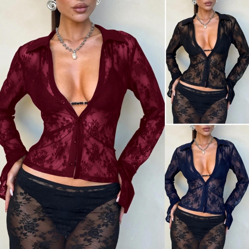 Women's Sexy Floral Lace V-Neck Cardigan Flare Sleeve Button Up Sheer Top Y2K Polyamide Elastane Hollow Out Blouse For Club Party