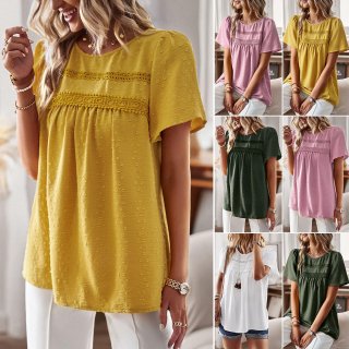 Women's Casual Lace Stitching Short Sleeve Blouse Round Neck Swiss Dot Textured Loose Top Bohemian Summer Shirt for Women