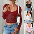 Women's Sexy Y2K Lace Blouse Top Floral Mesh Sheer Long Sleeve V-Neck Lace-Up Bow Crop Top Slim Fit Polyester Elastane Shirts for Party Clubwear