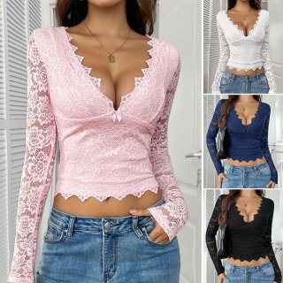 Women's Sexy Deep V-Neck Lace Long Sleeve Crop Top With Bow Knot Hollow Out Scalloped Hem Nylon Spandex Slim Fit Floral Lace Blouse For Party Clubwear